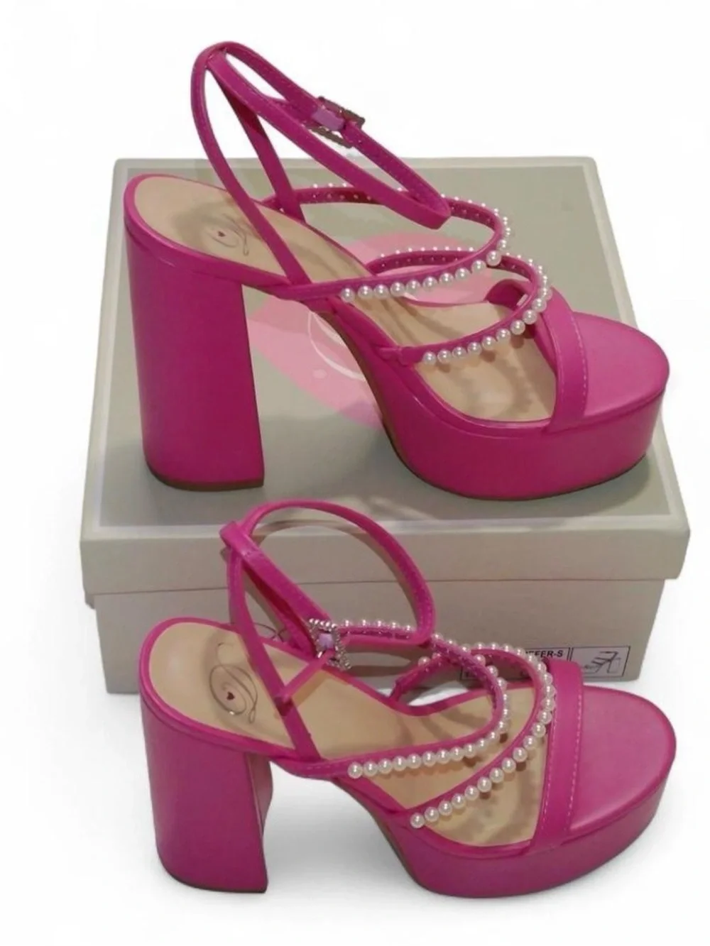 Pearl-Embellished Platform Slingback Heels - Hot Pink